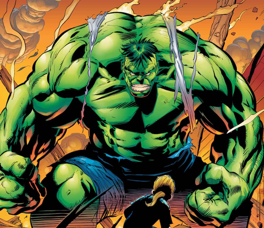 En la foto se ve una ilustración del superhéroe de Marvel, el Increíble Hulk, en una postura agresiva sobre un fondo apocalíptico, y una niña asustada mira de reojo