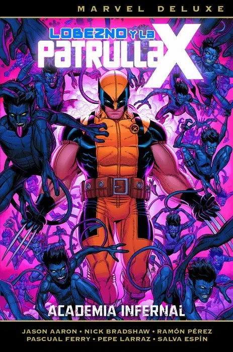 Cómic Marvel de Lobezno y la patrulla-X llamada Academia Infernal donde se puede ver a Logan junto con una serie de demonios. 