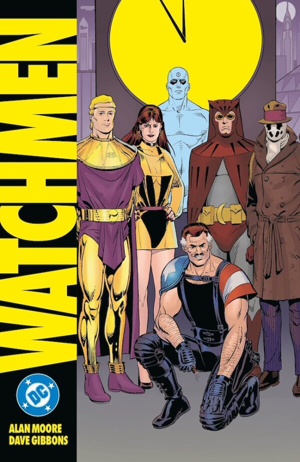 Portada de Archivos DC: Watchmen con los vigilantes enmascarados de Alan Moore