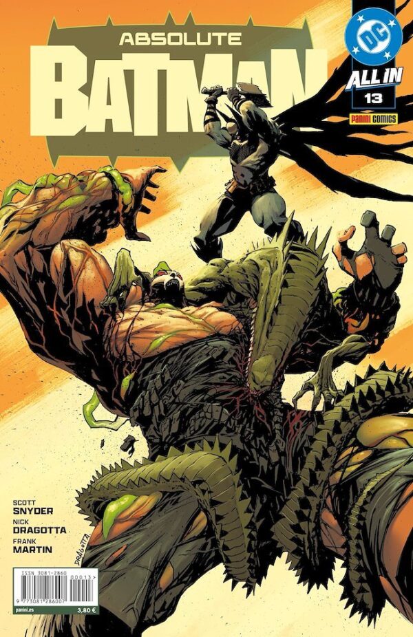 Absolute Batman 13, portada con Batman y Catwoman frente a Bane