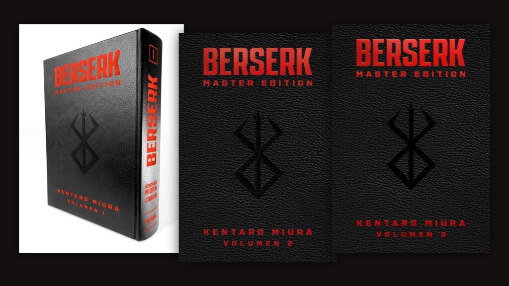 Portadas de Berserk Master Edition 01, 02 y 03, la edición de lujo en tapa dura de Panini con tres tomos por volumen