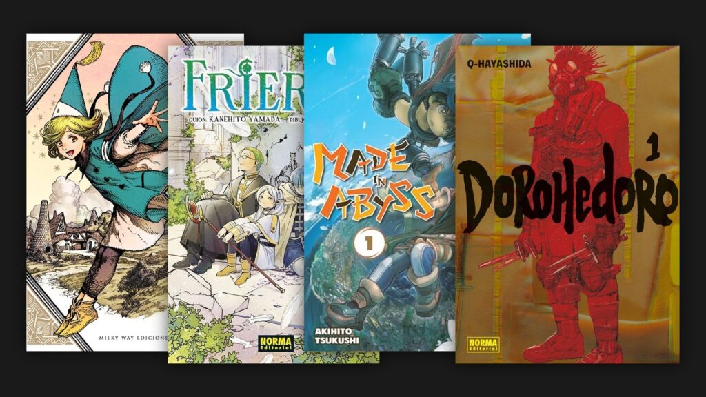 Portadas de Atelier of Witch Hat, Frieren, Made in Abyss y Dorohedoro, cuatro manga de fantasía para empezar a leer el género