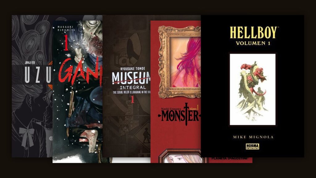 Portadas de Uzumaki, Gannibal, Museum, Monster y Hellboy, cómics y manga de terror para leer en Halloween